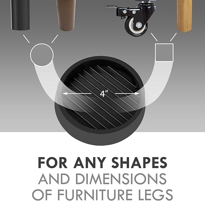 VOCOMO 4X4 Round Rubber Caster Cups, Non Slip Furniture Pads, Anti-Slip Gripper, Anti Skid Furniture Feet, Anti Slide Floor Protector for Bed Couch Table Chair Stoppers (Black, 8 Pack)