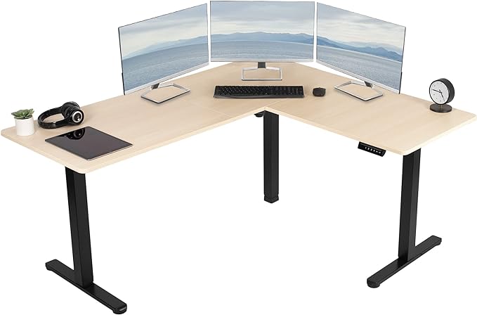 VIVO Electric Corner 63 x 55 inch L-Shaped Standing Desk, Memory Height Adjustment, Light Wood Top Black Frame, DESK-E3CTBC