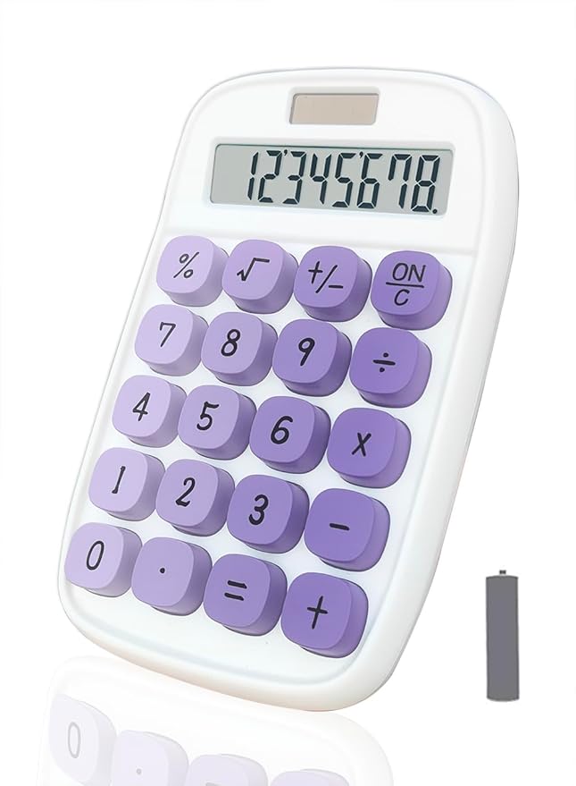 BTSEYAW Mechanical Calculator, Cute Calculator with Dual Power 8 Digit Tilt Screen and Big Button for Teachers Students Basic Office (White and Purple)