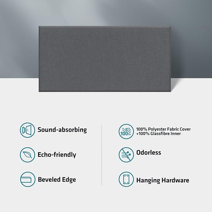 UMIACOUSTICS 4 PCS Acoustic Panels with Hanging Hardware, 2” Thick Fiberglass Sound Proof Panels for Studios, Office, Home Theater Ceiling or Wall- Medium Grey