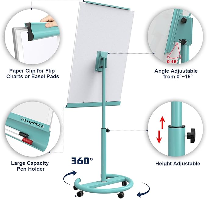TSJ OFFICE Rolling Whiteboard Standing - 40 x 26 Inches Magnetic Mobile White Board with Stand, Height Adjustable Dry Erase Board on Wheels with Paper Clamp on Top, Light Blue