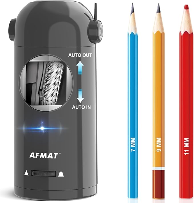 AFMAT Electric Pencil Sharpener, Fully Automatic Pencil Sharpener for 7-11.5mm Colored/Jumbo Pencils, Auto in & Out, Rechargeable Hands-Free Pencil Sharpeners for Classroom Home Office PSX5, Gray