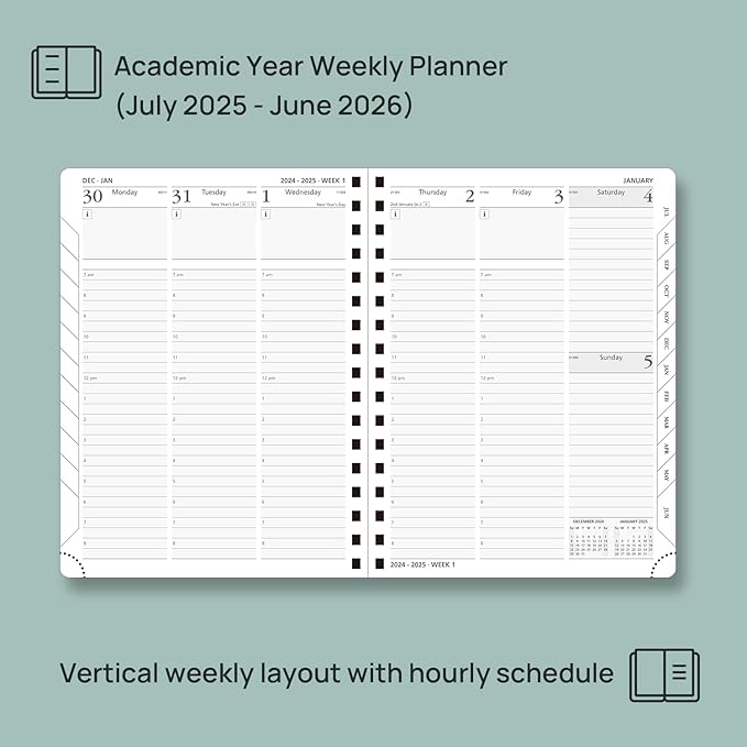 POPRUN Planner 2025-2026 (Medium - 6.5'' x 8.5'') Academic Weekly Calendar (July 2025 - June 2026) with Hourly Time Slots, Monthly Tabs, 100GSM Thick Papers, Spiral Leather Cover - Blue Green