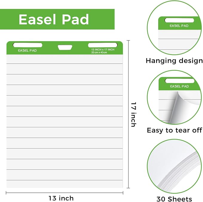 DINGIXOC Mini Easel Pads 13 x 17 Inch, 4 Pack Non-Stick Flip Chart Paper for Teacher, Training, Presentations or Brainstorming, 30 Sheets/Pad, Fits Most Easel Stands (Lined)