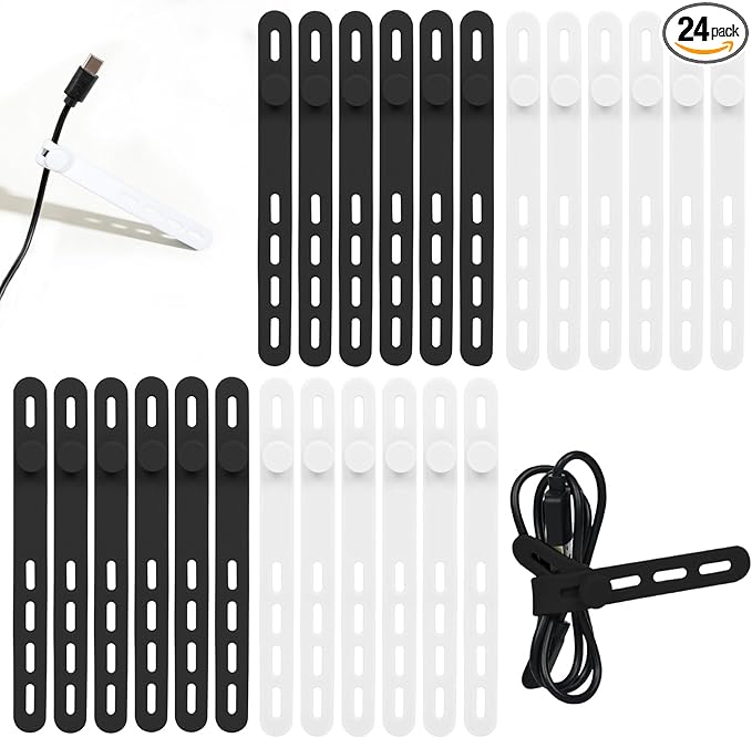 Donruby 24Pcs Silicone Cable Ties - Reusable & Washable with Locking Buckles, Adjustable Fastening Cable Management Straps, Multi-Purpose High Elasticity Cord Organizer (Black & White)