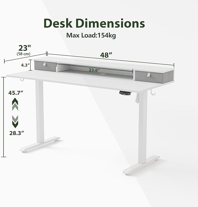 Agilestic 48 x 24 Inches Electric Standing Desk with 2 Storage Drawers, Adjustable Height Sit and Stand Computer Table with Splice Board, White