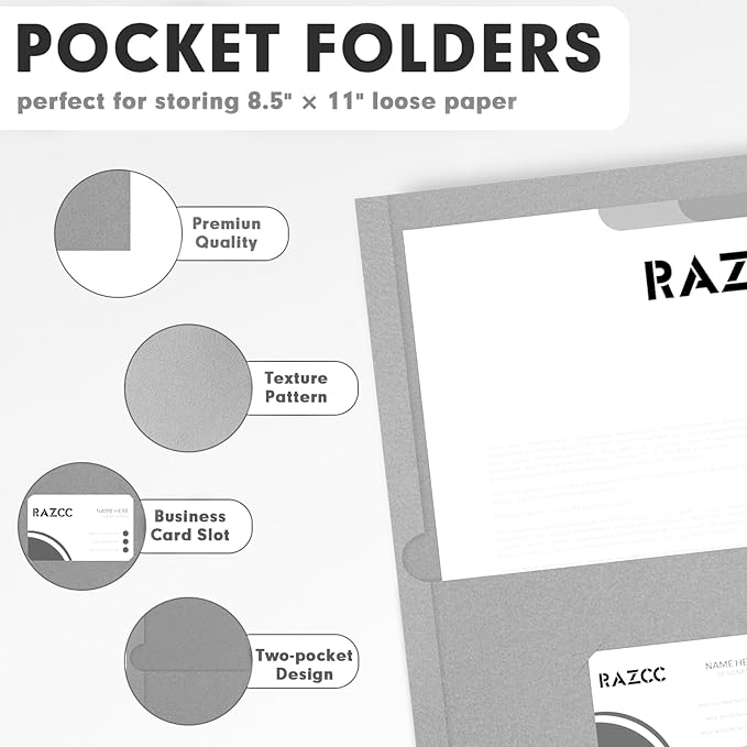 Two Pocket Folders, RAZCC 50 Pack 2 Pocket Folders Fit Letter Size Paper, Paper Folders with Pockets for School Office Business Home (Grey)