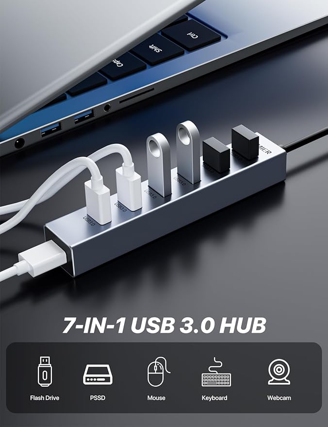 USB C HUB,7 Port USB C to USB Hub,Aluminum Alloy USB 3.0 Data Port, 5Gbps USB Splitter Compatible for Laptop, MacBook, iPad, Surface Pro, XPS