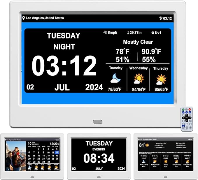 TIMEMOON WiFi Digtial Calendar Clock with Day and Date Alarm Clock with Weather Temperature Humidify Alzheimers Clock for Elderly Auto Dimmable 8 Alarm Options (7 inch White)