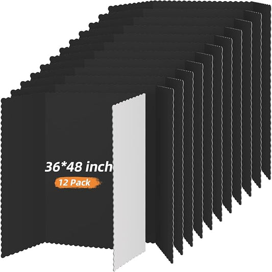 Henoyso 12 Pcs 36 x 48 Inch Black Trifold Poster Board Large Tri Fold Presentation White Display Board Foldable Paperboard for Science Fair School Business Project Exhibition