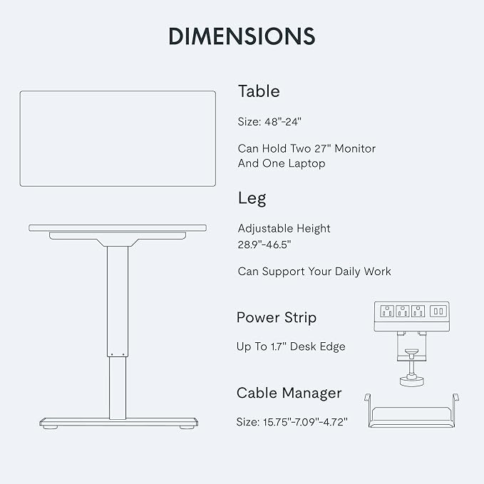 FLEXISPOT EN2 Whole-Piece Standing Desk with Clamp Power Strip, 48x24 Electric Stand Up Height Adjustable Desk with Cable Management (White Frame + 48" White Top)