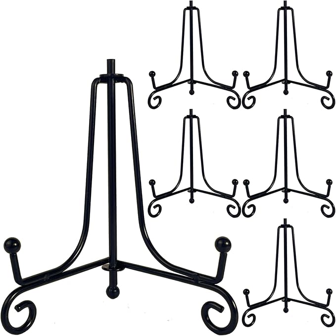 HENABLE 6PCS Premium Black Iron Plate Stands for Display 4 Inch, Decorative Solid Metal Plate Holders for Displaying, Mini Easel, Frame, Book, Card, Plaque, Bowl, Picture Stands for Display