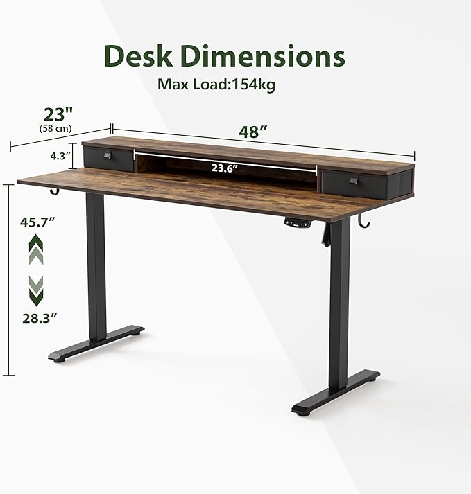 Agilestic 48 x 24 Inches Electric Standing Desk with 2 Storage Drawers, Adjustable Height Sit and Stand Computer Table with Splice Board, Dark Walnut