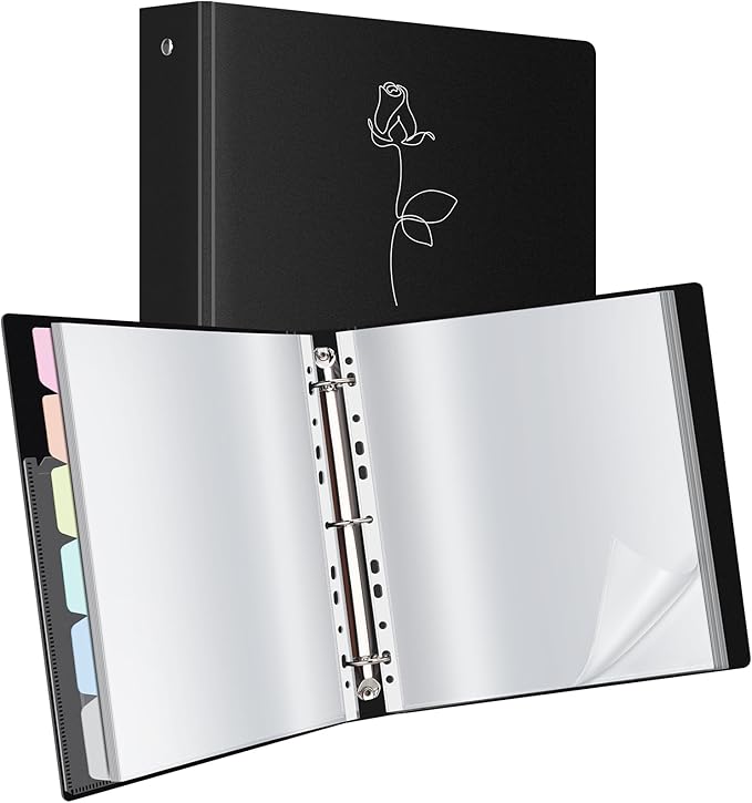 Uquelic 80-Pocket Binder with Plastic Sleeves for Letter/A4 Size(11" x 8.5"), Silver Rose Printed Cover, Document Binder Organizer for Papers, Certificates and Artwork with Macaron PP Divider Pages