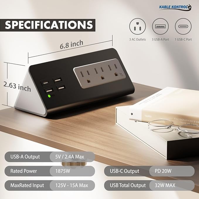 Kable Kontrol Desk Clamp Power Strip with USB-C Port, Nightstand Charging Station, 3 AC Outlets, 3 USB-A Ports, Fast Charger, Easy Installation for Home, Offices, Hotels – 4.9 Ft, Black, 200 Pcs