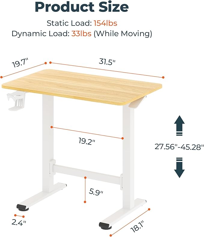 FitStand Small Pneumatic Adjustable Stand Up Desk, Rolling One-Piece Standing Desk 31.5 x 19.7 Inch, Home Office Desk Computer Workstation, Maple