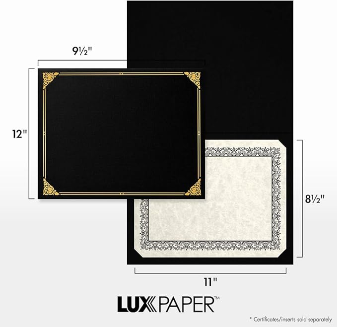 LUXPaper 9.5" x 12" Certificate Holders | Black Linen | Embossed Gold Foil Floral Border | 100lb. Cover | 250 Qty
