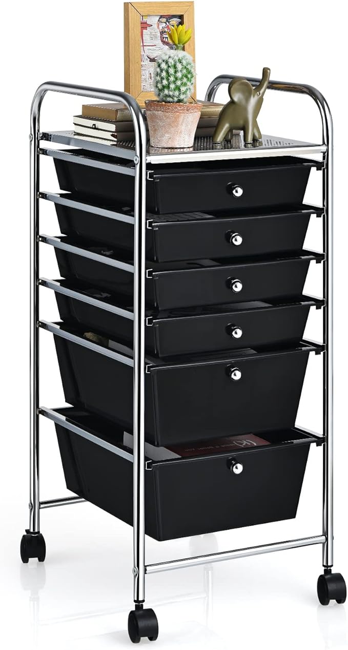 RELAX4LIFE 6-Drawer Rolling Storage Cart - Classroom Organization on Wheels w/Removable Plastic Drawers, Mobile Art Craft Cart for School Paper Home Office, Utility Cart with Drawers (Black)
