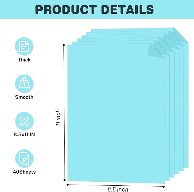 Cardstock 8.5 X 11, 40 Sheets Light Blue Card Stock, 75lb/ 200gsm Copy Paper, Cardstock Printer Paper For Art, Drawing, Invitations, DIY Cards, Watercolor, Craft, Construction, School & Office Supplie