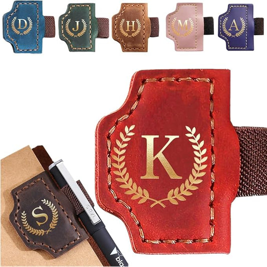 Personalized Mark Bookmark with Pen Holder, Leather Magnetic Book Marker 26 Letters,Custom Initials Page Marks, Gifts for Book Lovers Readers Men Women (Red, K)