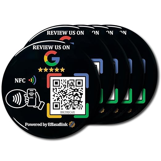 Epoxy Sticky Card with NFC Chip & QR Code - Compatible with Google Business Page for Customer Reviews, Boost Business Reviews, Essential for Small Businesses, No App, No Monthly Fee (Black-5 Cards)