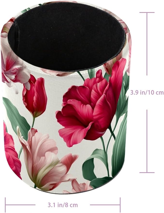 Leather Pen Holder for Desk Tulips Pattern Pencil Cup Desktop Organizer Makeup Brush Holders Office Supplies for Home, Kids & School