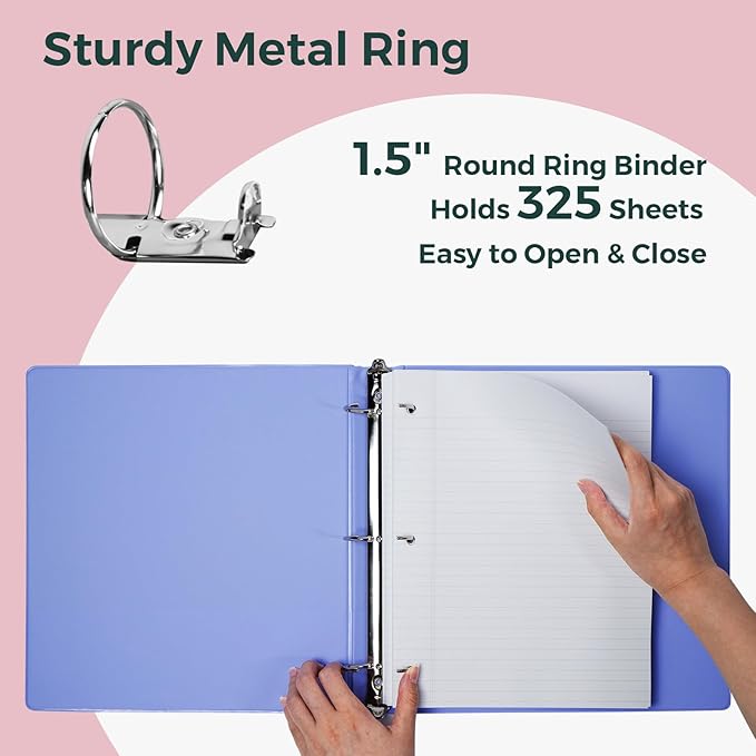 POPRUN 3 Ring Binder 1.5 Inch, PVC-Free, Holds 325 Sheets of 8.5 x 11 Paper, Extra Durable Organizer with 2 Pockets for School & Office, Heavy-Duty, 1 Pack, Midnight Green
