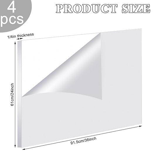 Roowest 4 Pcs 24 x 36 Inch, 1/4 Inch Thick Clear Acrylic Sheets Transparent Plastic Panels Sheets Cut to Size Cast Acrylic Board Panel with Protective Film for Craft DIY Projects Display Sign Frame