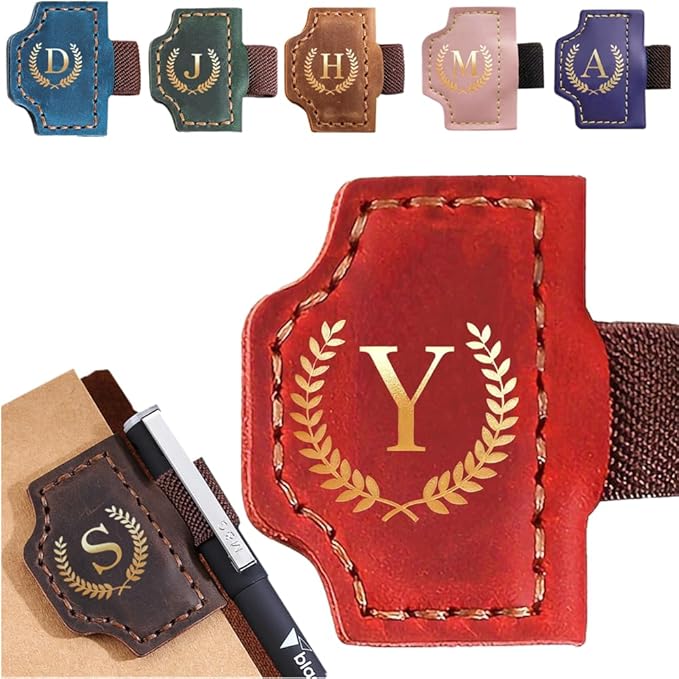 Personalized Mark Bookmark with Pen Holder, Leather Magnetic Book Marker 26 Letters,Custom Initials Page Marks, Gifts for Book Lovers Readers Men Women (Red, Y)