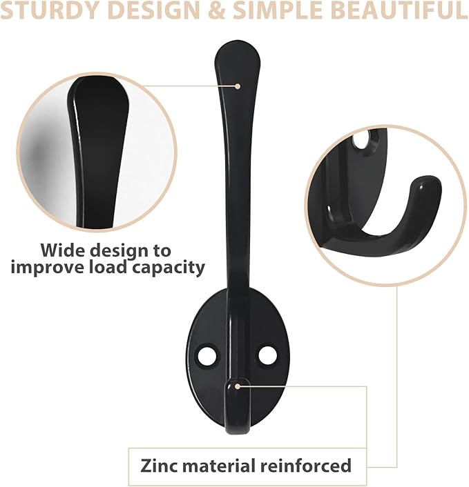 Homanu 14 Pack Coat Hooks Wall Mounted with 28 Screws, Heavy Duty Black Towel Hooks Metal Double Hooks, No Rust Retro Rustic Wall Hooks for Hanging Towel, Coat, Scarf, Bag, Hat, Cup, Key
