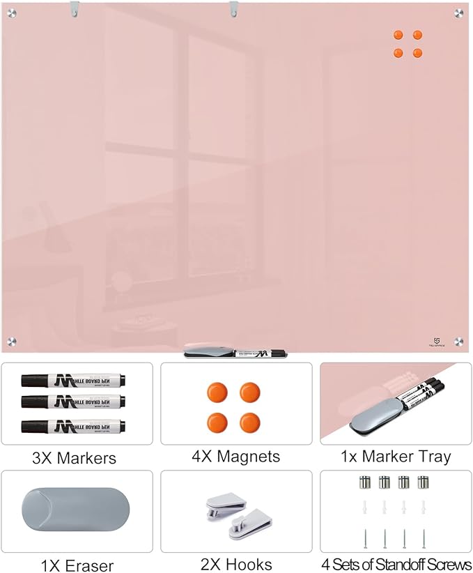 TSJ OFFICE Glass Dry-Erase Board - 48 x 32 Inches Wall Mounted Glass Whiteboard, Large Frameless Magnetic White Board for Office, Home & School, Pink