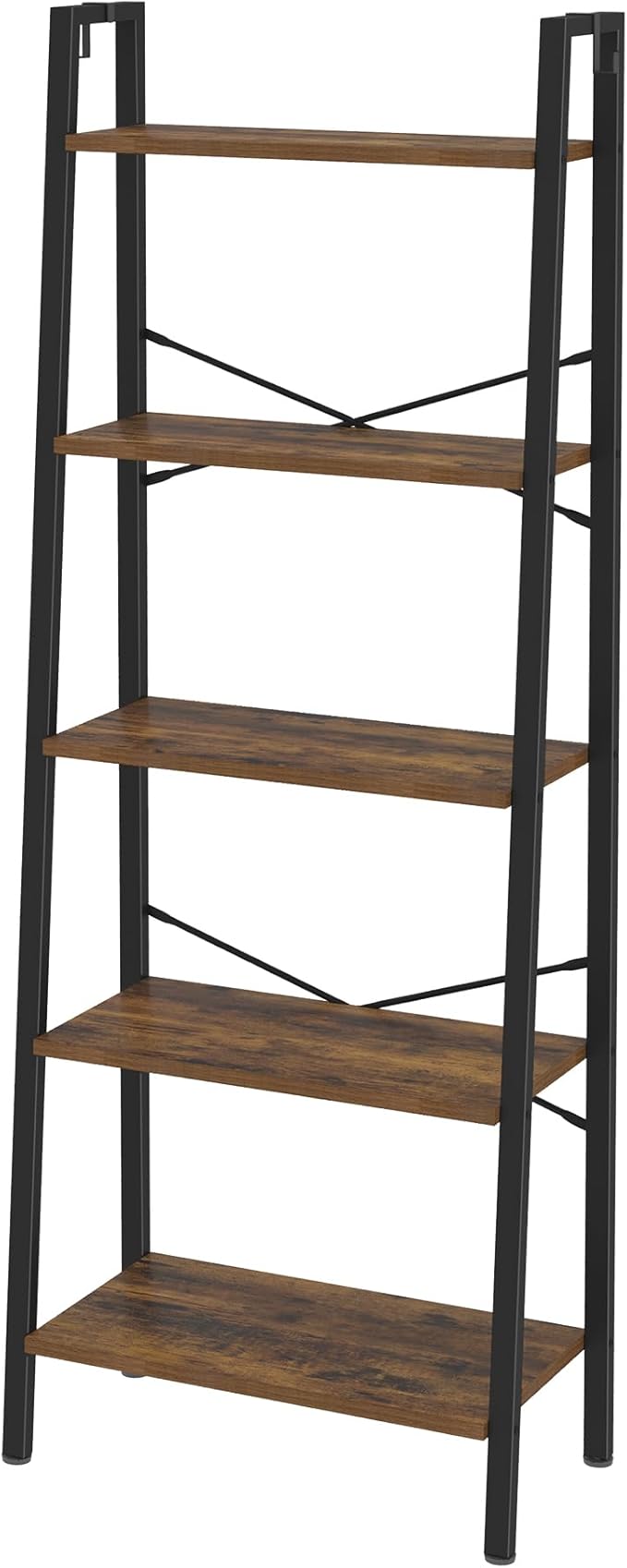 Hzuaneri Ladder Shelf, Bookshelf Bookcase, Freestanding Corner Storage Shelve with 2 Hooks for Home Office, Living Room, Kitchen, Bedroom, Industrial, 11.8" D x 23.6" W x 63" H, Rustic Brown BC19301B