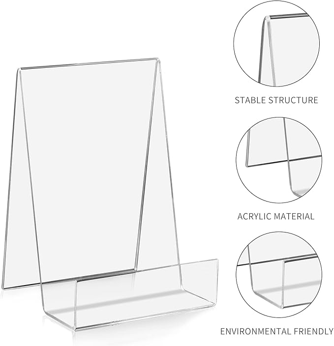 ZOEY Acrylic Book Stand with Ledge Clear Display Easels Plate - 10 Pack Book Holder Easel Stand for Books Display, Music Sheets, Artworks, CD, Tablet Holder (5Large+5Small)