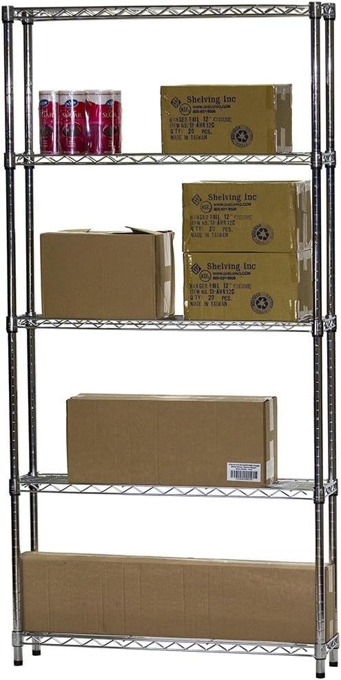 Shelving Inc. 8" d x 36" w x 54" h Chrome Wire Shelving with 5 Tier Shelves, Weight Capacity 800lbs Per Shelf