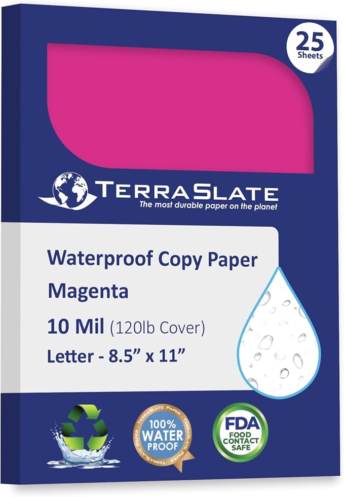 TerraSlate Waterproof Paper, Rip-Proof Colored Paper, Magenta Pink, 25 Sheets, 10 Mil (120 lb Cover), 8.5" x 11", Laser Printer and Copy Machine Compatible