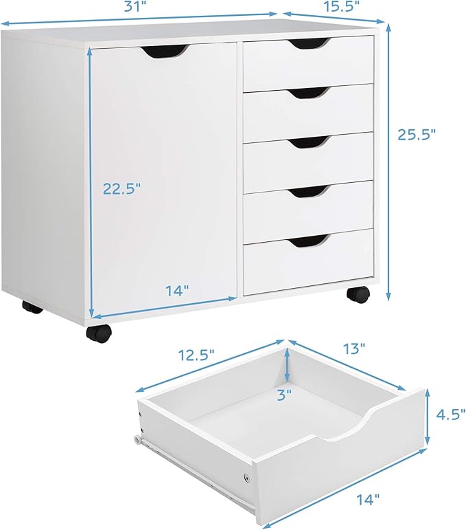 Giantex File Cabinet, Mobile Lateral Filing Cabinet with 5 Drawers &1 Door, Wheels, Rolling Storage Organizer for Home Office, Study Room (31”x 15.5” x 25.5”, White)