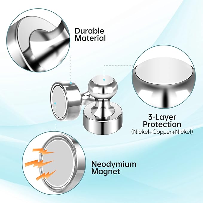 Pack of 16 Silver Refrigerator Magnets Strong Fridge Magnets for Whiteboard Magnets for Fridge Metal Magnetic Push Pins for Kitchen Office School Decorative