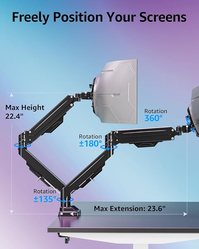 MOUNTUP Dual Monitor Stand for Max 43 inch Screens, Ultrawide Monitor Arm Height Adjustable, Heavy Duty Dual Monitor Mount, Full Motion Premium Monitors Arm, Holds 2.2 to 33 lbs, VESA Desk Mount