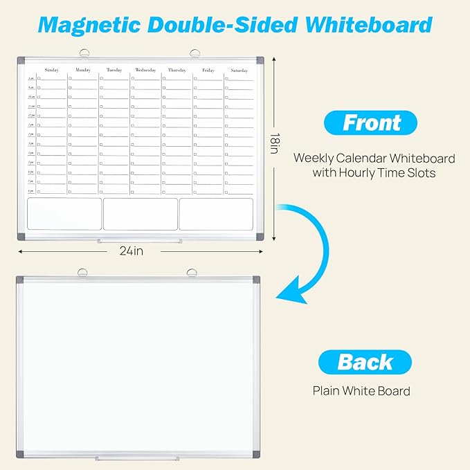 White Board Dry Erase Board for Wall, Magnetic Whiteboard Calendar 24" X 18", Weekly Calendar Whiteboard with Hourly Time Slots, Hanging Double-Sided White Board for Office,School,Home - 1 Pack