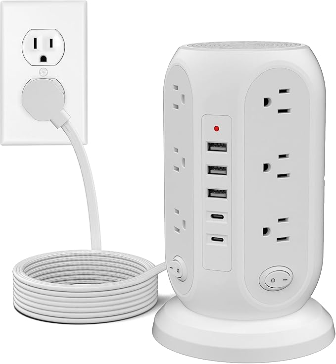 Tower Power Strip with 12 Outlets and 5 USB Ports (2 USB-C), Flat Extension Cord 10 Ft, Surge Protection 1250W Multiple Outlets Charging Station for Home Office Dorm Room