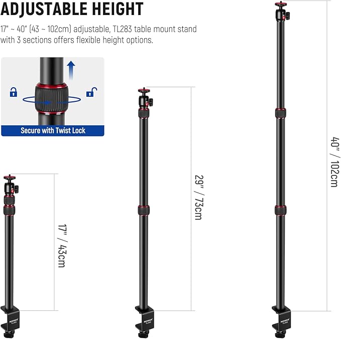 NEEWER Extendable Camera Desk Mount with Ball Head, 17"-40" Adjustable Table Light Stand with 1/4" Screw & C Clamp for DSLR Camera, Ring Light, Live Stream, Vlog, Max Load: 6.6lb/3kg, TL283 (RED)