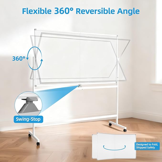 VOWNER Double-Sided Magnetic Whiteboard, 72" x 40" Large Mobile Dry Erase Board, Reversible Rolling White Board with Aluminum Frame & Stand, for Home Office, Classroom, School, White