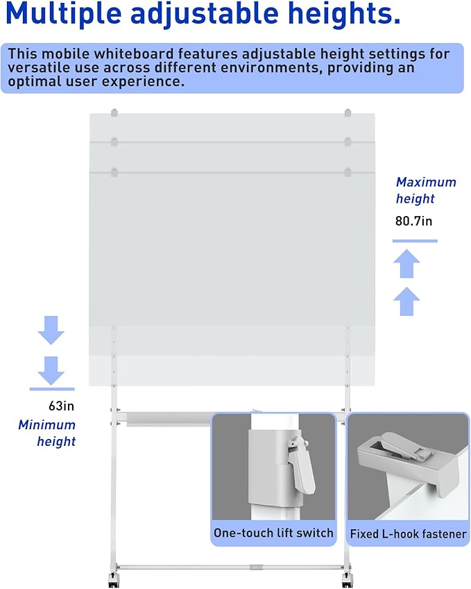 Mobile Glass Whiteboard, 48 x 36 inch Glass Board/w Height Adjustable, Large Portable Dry Erase Board with Stand and Wheels for Home, Office,Classroom &School, White