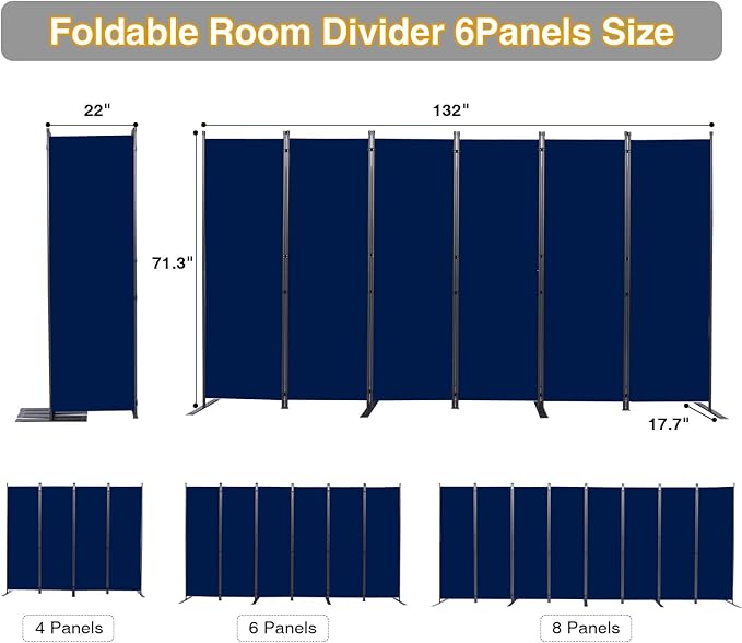 CHOSENM Room Divider, 6 Panel Folding Privacy Screens with Wider Support Feet, 6 Ft Portable Room Partition for Room Separator, 132" W X 71" H, Navy Blue