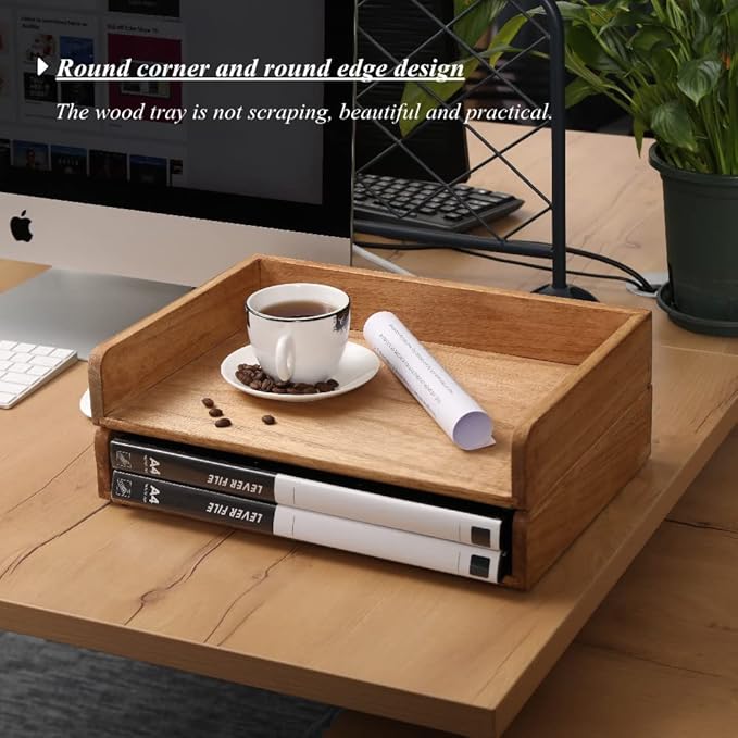 DDYURI Wood Stackable Paper Trays for Office Supplies and Accessories - Desk Organizer Tray for Letter Document Magazine -Wooden Desktop File Folder Holder Shelf 2 Set Light(2CTP-LT)
