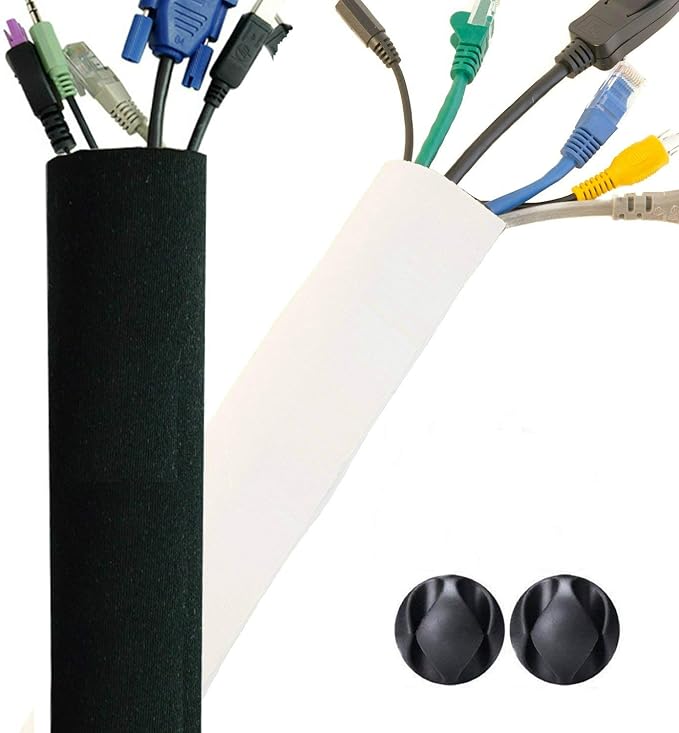 Premium 63'' Cable Management Sleeve, Best Cords Organizer for TV On Wall, Desk, Computer, Office, Home - DIY Adjustable Reversible Black and White Neoprene Cord Hider Wire Cover Concealer Wrap