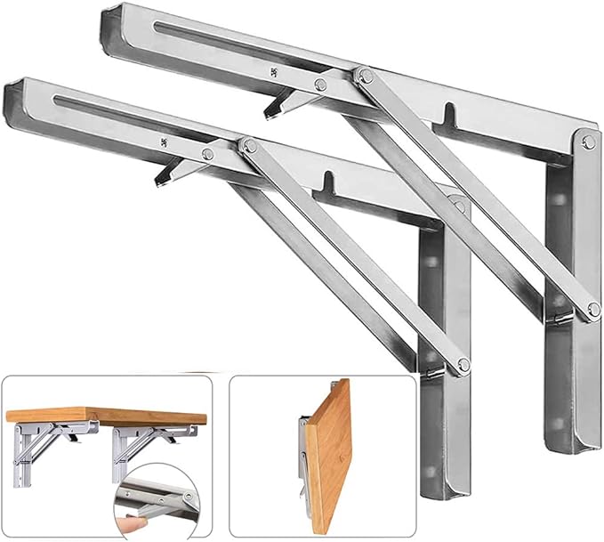 Folding Shelf Brackets, Max Load 300 lb, Heavy Duty Stainless Steel Collapsible Wall Mounted Shelf Brackets for Table, Space Saving DIY Bracket, Pack of 2 (10 Inch)