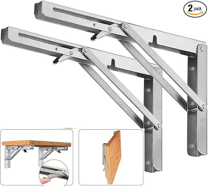 Folding Shelf Brackets, Max Load 300 lb, Heavy Duty Stainless Steel Collapsible Wall Mounted Shelf Brackets for Table, Space Saving DIY Bracket, Pack of 2 (2, Foldable 12")