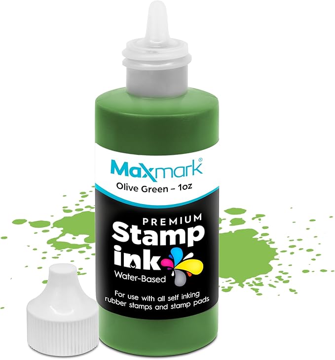 MaxMark Premium Refill Ink with Control Tip Bottle for Self-Inking Stamps, Olive Green Color - 1 oz.