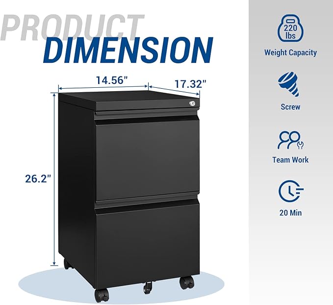 Fesbos 2 Drawer Vertical File Cabinet - Mobile Filling Cabinet with Lock for Legal/Letter Files - Office Storage File Cabinet with Wheels Under Desk - Assembly Required